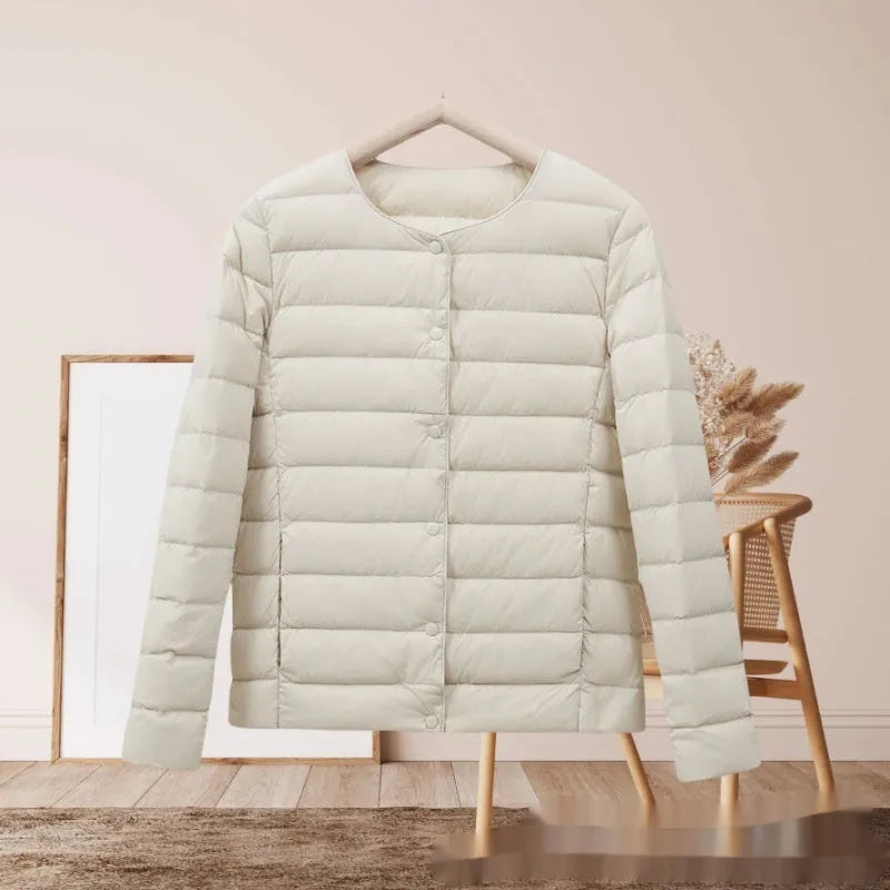 Women's lightweight cotton-padded jacket loose fit solid colour long sleeve autumn winter beige polyester