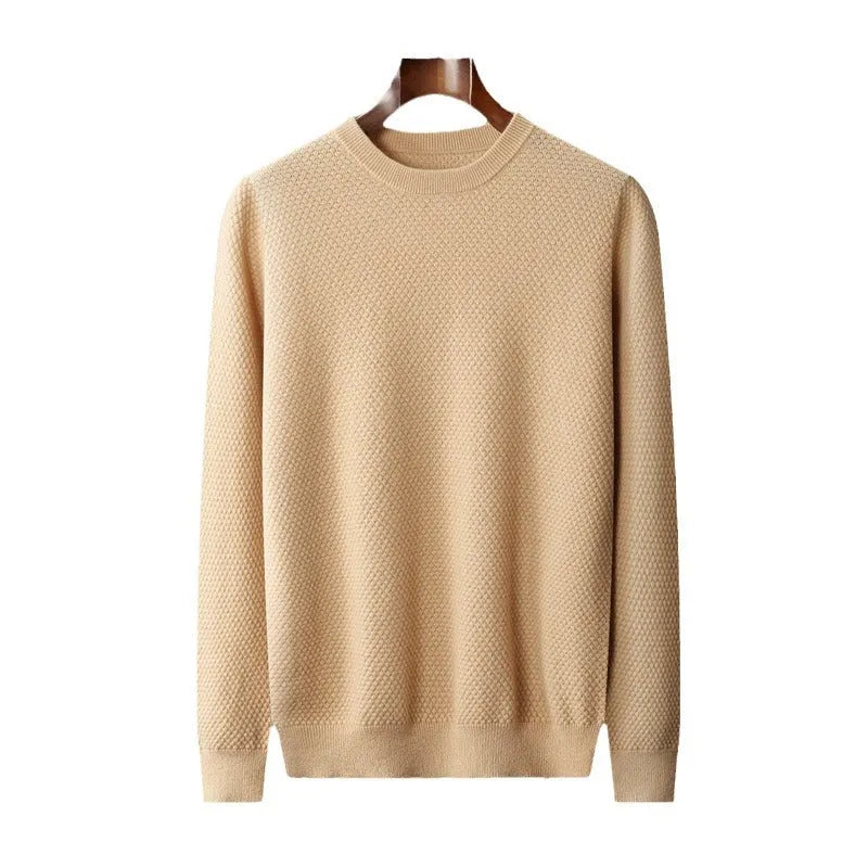 Men's cashmere pullover sweater with pineapple stitch round neck in camel colour