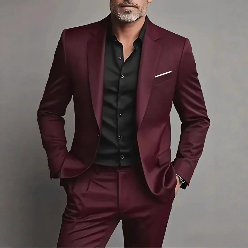 Men's slim fit two-piece suit set in black cotton blend with coat and trousers
