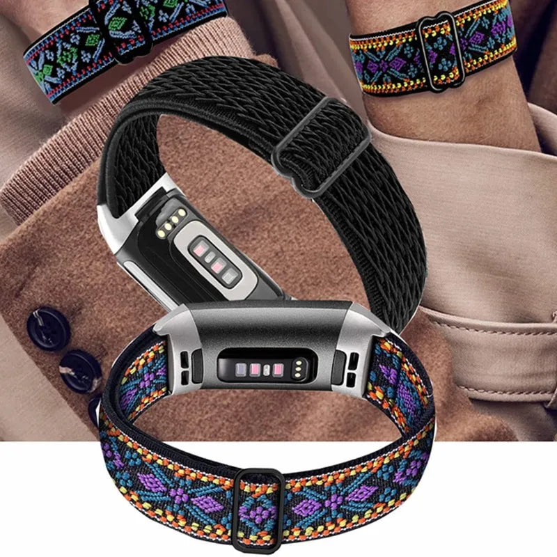 Black nylon elastic replacement strap with metal toe cap for Fitbit Charge 5 and 6