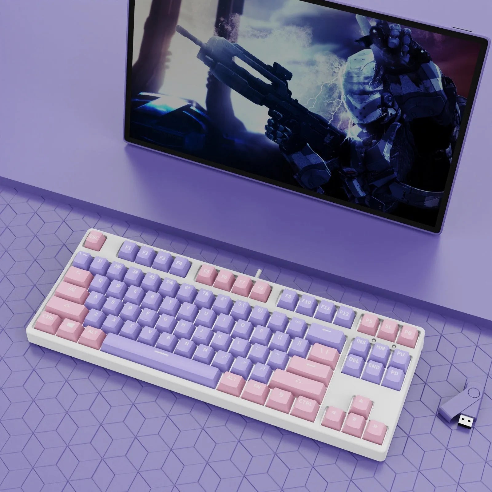 87-key hot-swappable mechanical keyboard with dual-colour backlighting and metal construction.