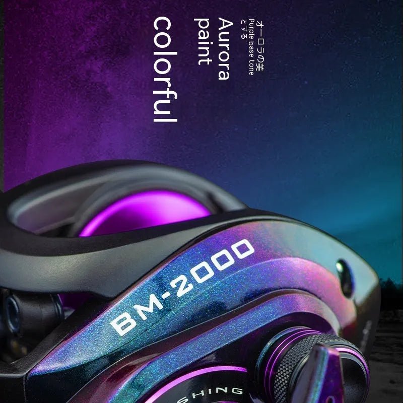 Colourful BM2000 size fishing reel with water drop wheel and magnetic brake system.