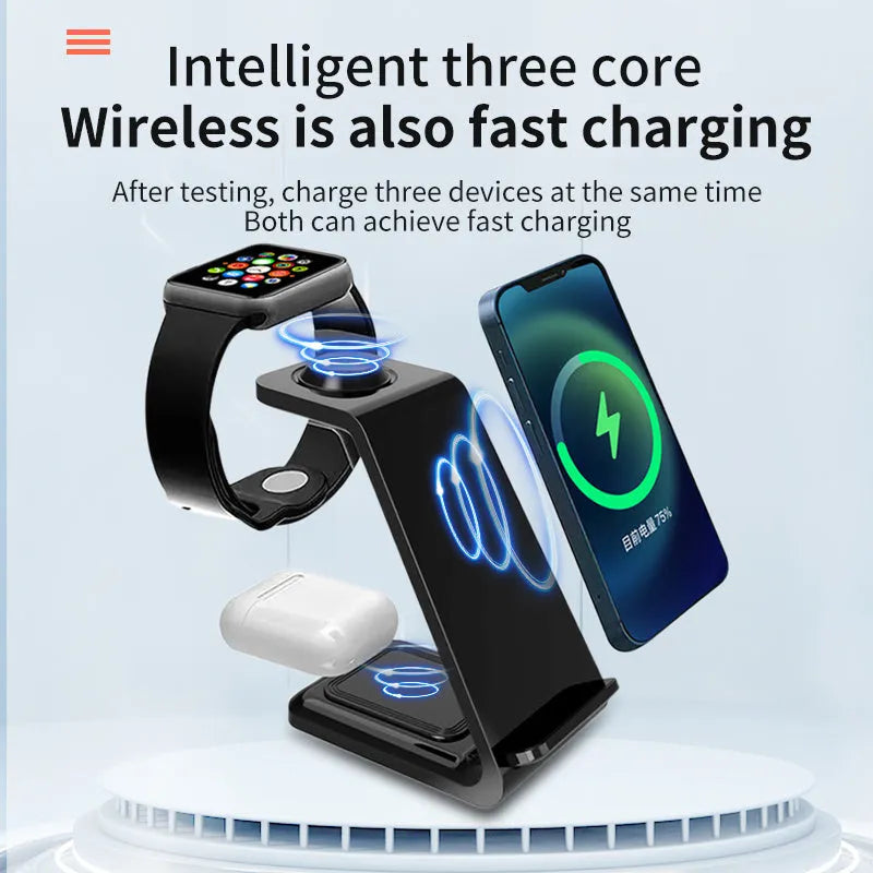 Black and white 3-in-1 upright wireless charger and phone holder on a desk with Type-C cable.