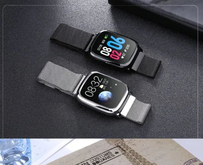 Black smart pedometer watch with temperature measurement on wrist