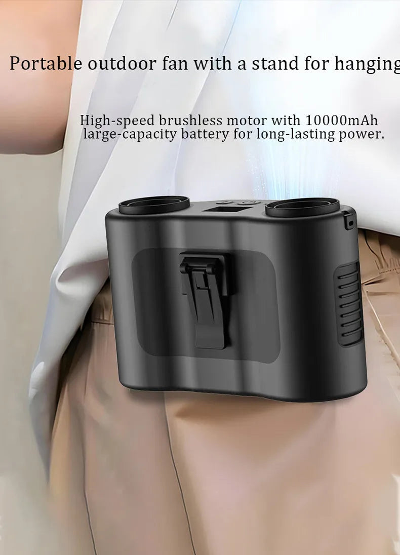 Black waist-hung personal fan with neck lanyard and waist clip, showing top control button.