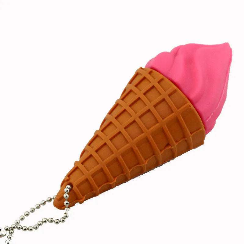 Miniature pink ice cream cone USB flash drive on a white background