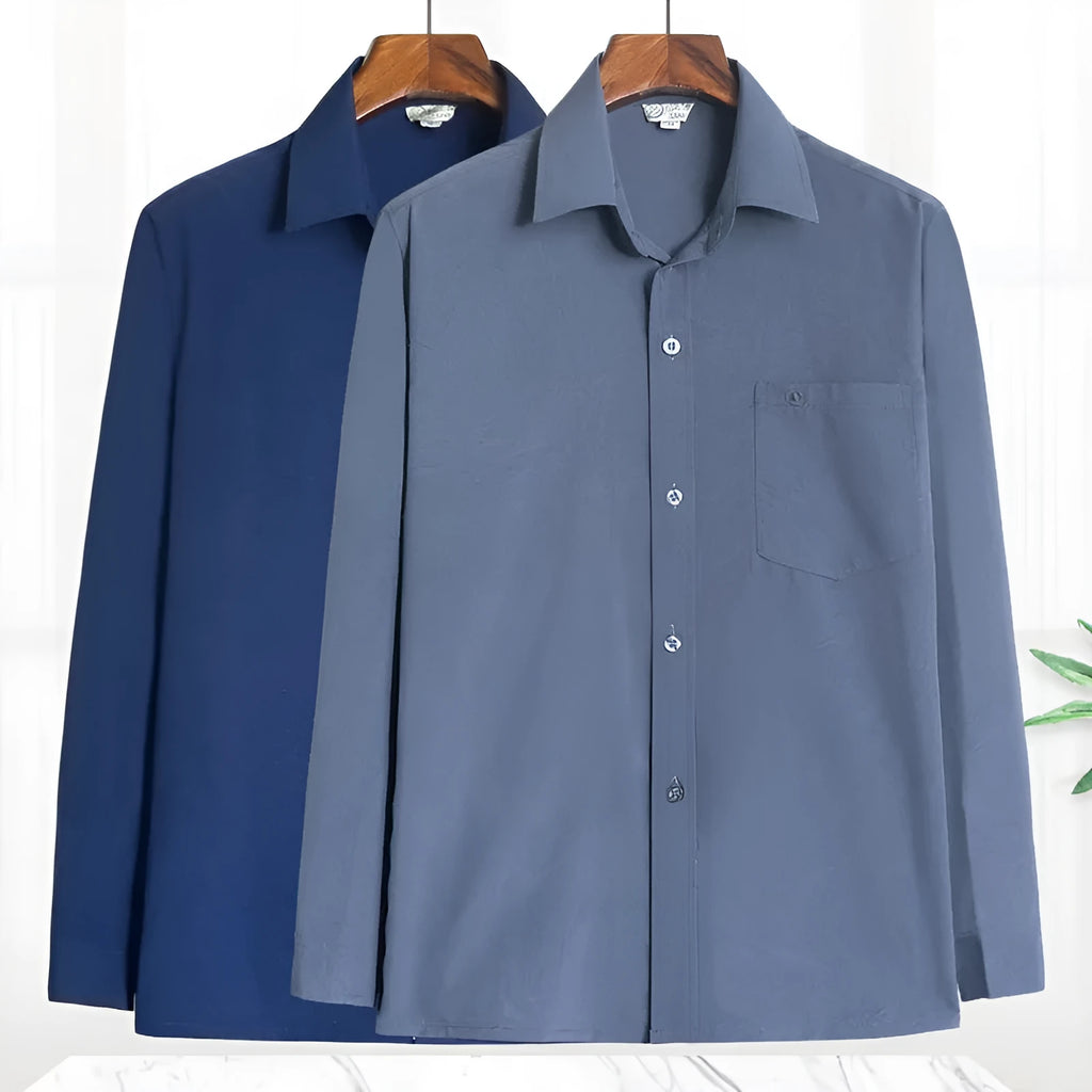 Men's loose casual long sleeve shirt in solid colour, polyester cardigan style, available in dark blue, dark gray, gray, light blue, light gray, white.