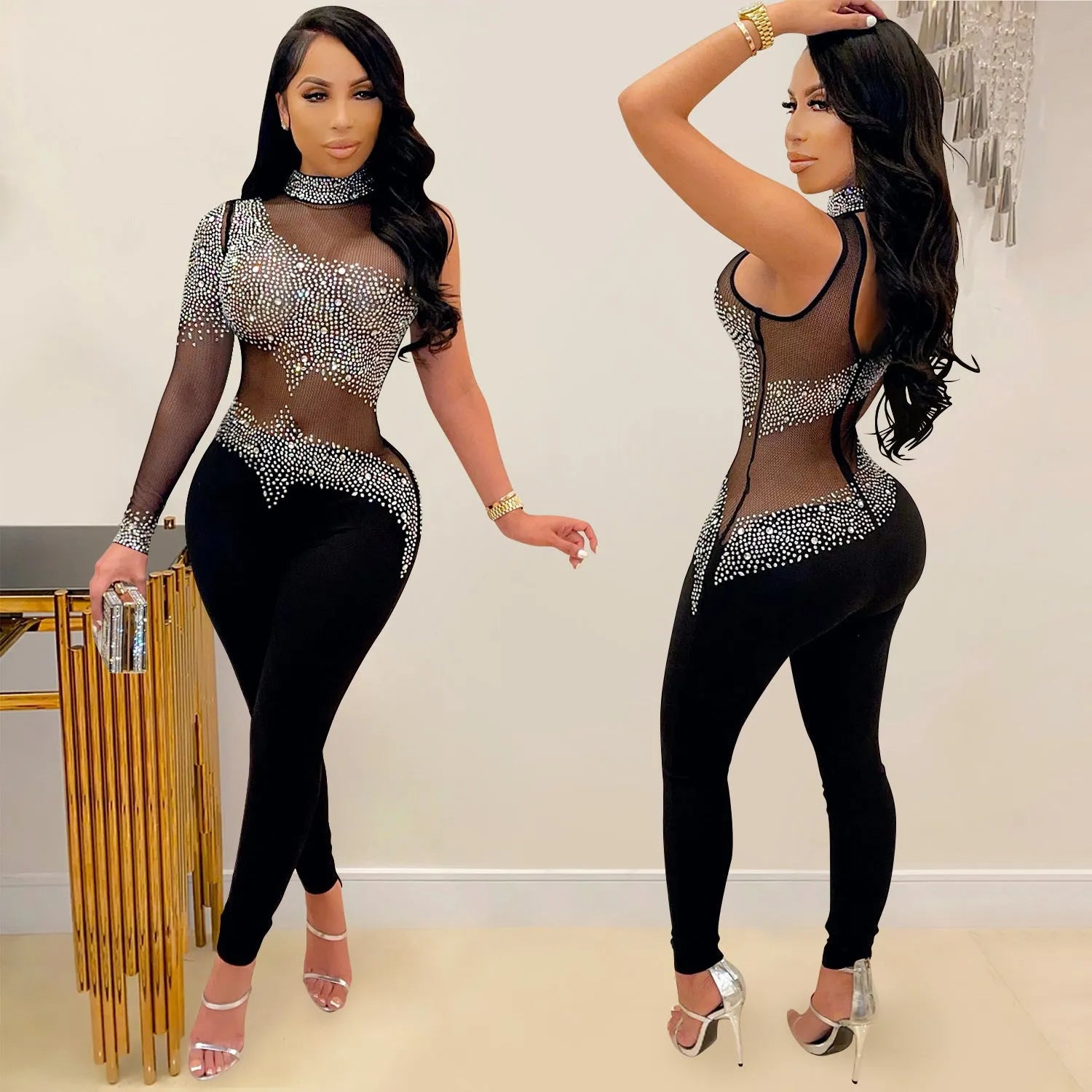 Transparent mesh milk silk one-shoulder jumpsuit with rhinestone stitching and diamond see-through details, tight fit, apricot colour