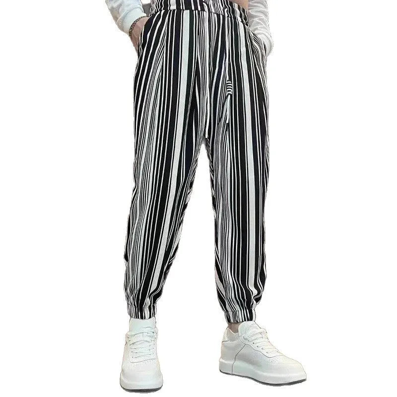 Men's striped cropped pants with ankle ties in ice silk fabric