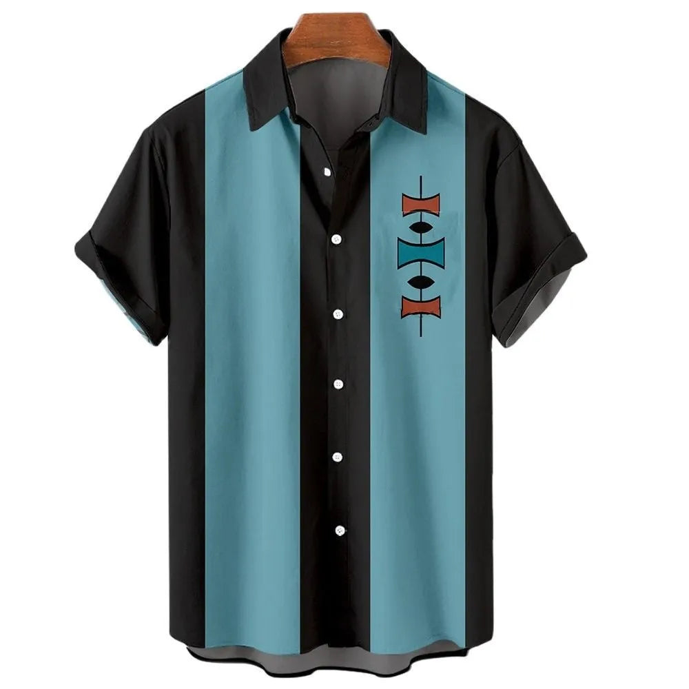 Man wearing a stripe pattern short sleeve Hawaiian-style cardigan shirt in a solid colour.