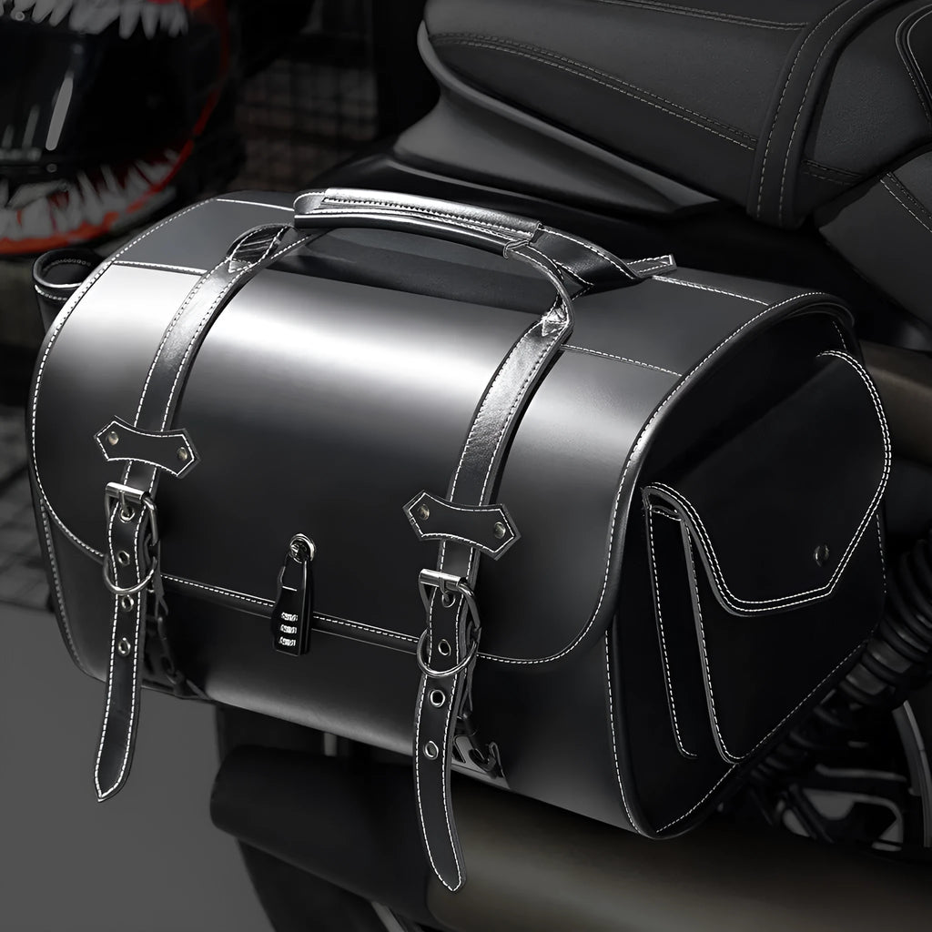 Motorcycle side bag with coded lock in dark punk style mounted on bike