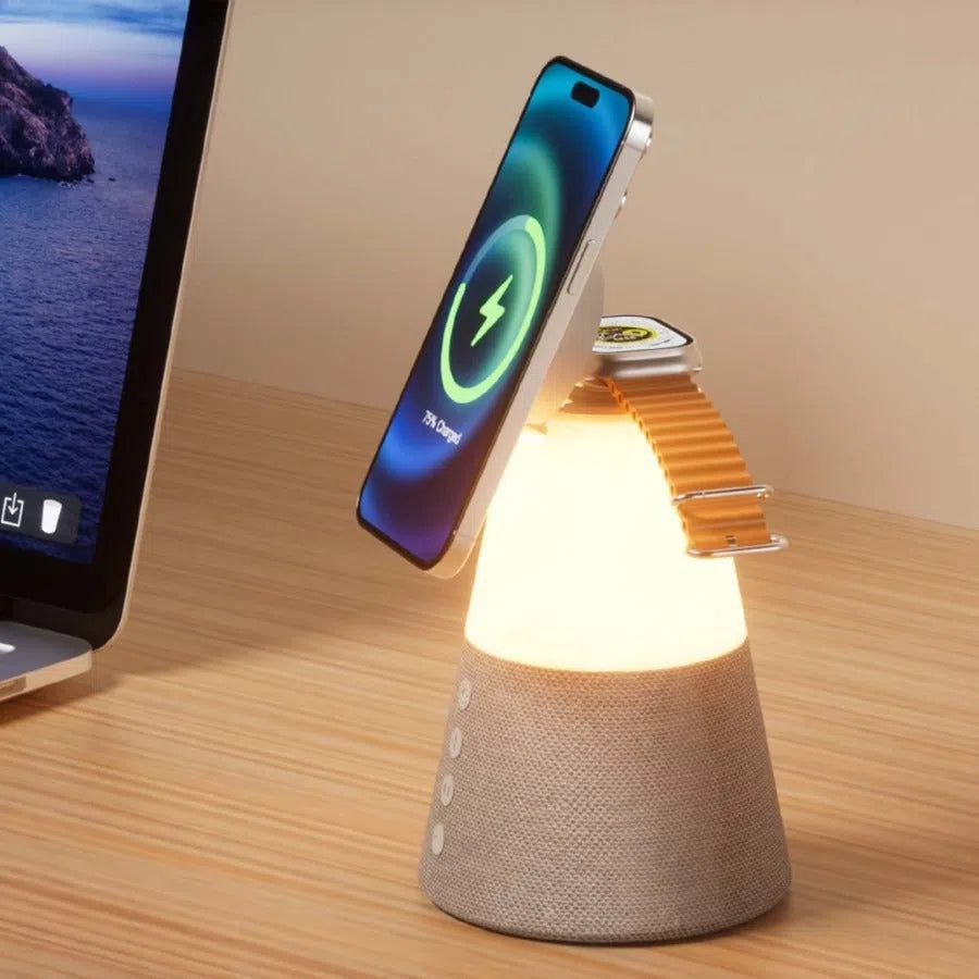 3-in-1 Magnetic Wireless Charging Bluetooth Speaker Night Light in gray finish showing device on a desk