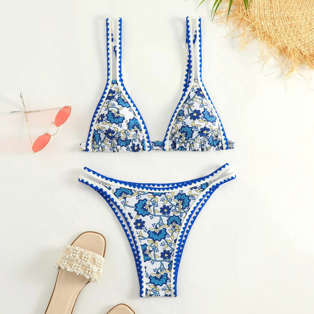 Women's floral print bikini swimsuit with split brief style in polyester fabric