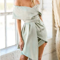 Women's lace-up off-shoulder dress in matcha green with a high waist and patchwork midi skirt.