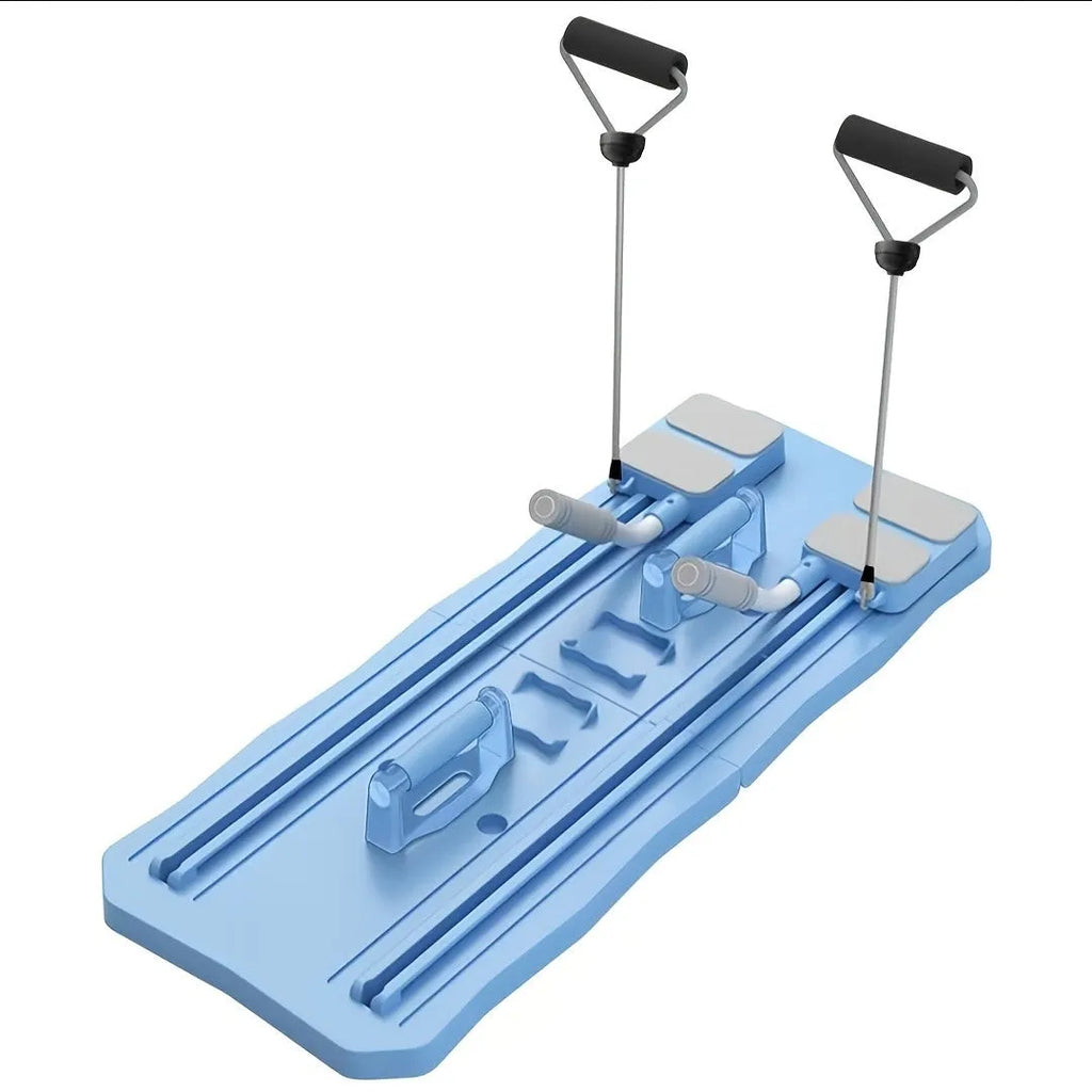 Pink portable ABS supine fitness board with a central wheel for home core exercises.