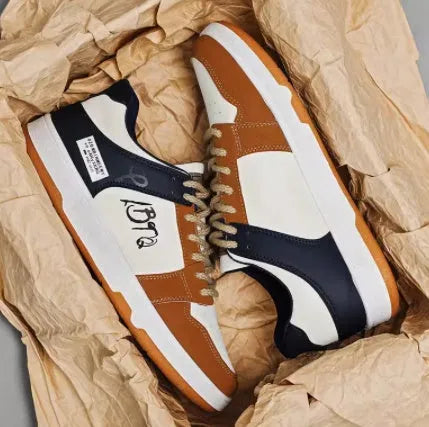 Men's simple lace-up casual sneakers in Rainbow, White Blue, and White Rice colour options.
