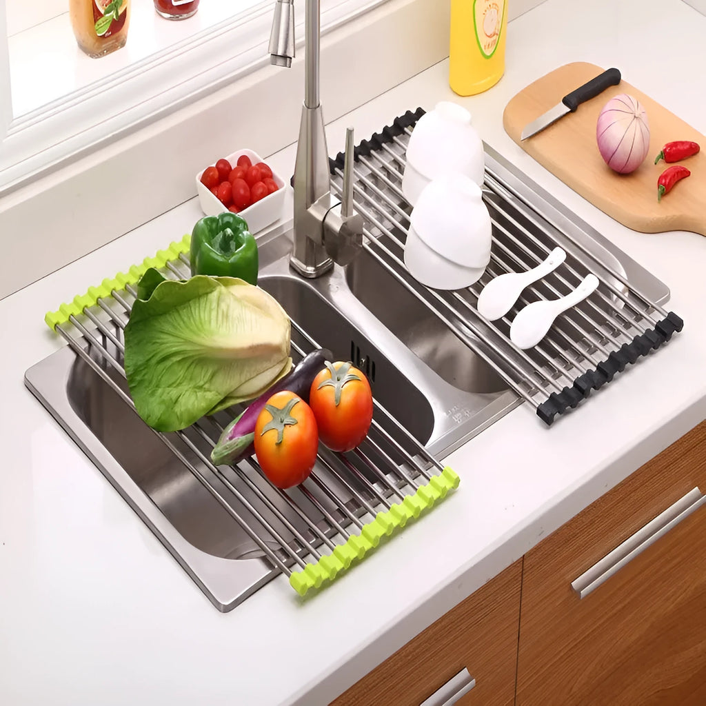 Folding stainless steel kitchen sink drying rack with multiple tubes, shown in a red finish.