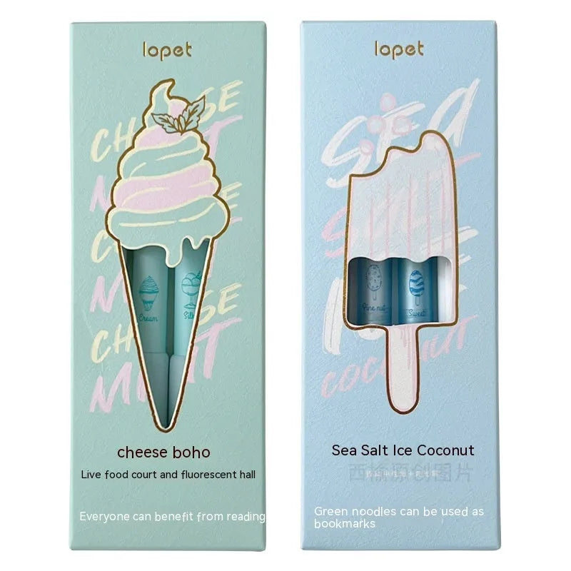 Four double-headed highlighter pens with plastic shells and sponge pressers in cheese mint and sea salt ice cup colours.