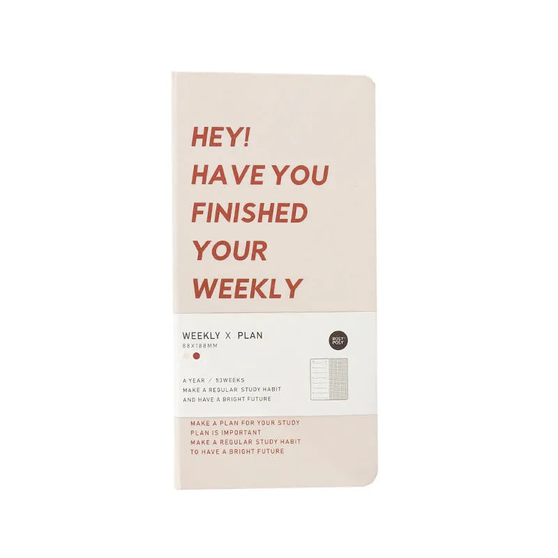 Weekly plan diary handbook showing four colour options: blue, brown, green, and purple