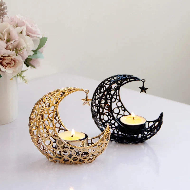 Metal crescent moon candle holder hollow star design black finish 10.5cm set of two