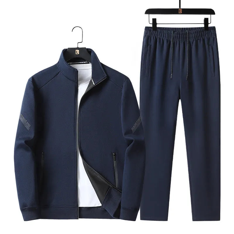 Men's plus-size knitted cotton sports leisure suit in black with jacket and trousers