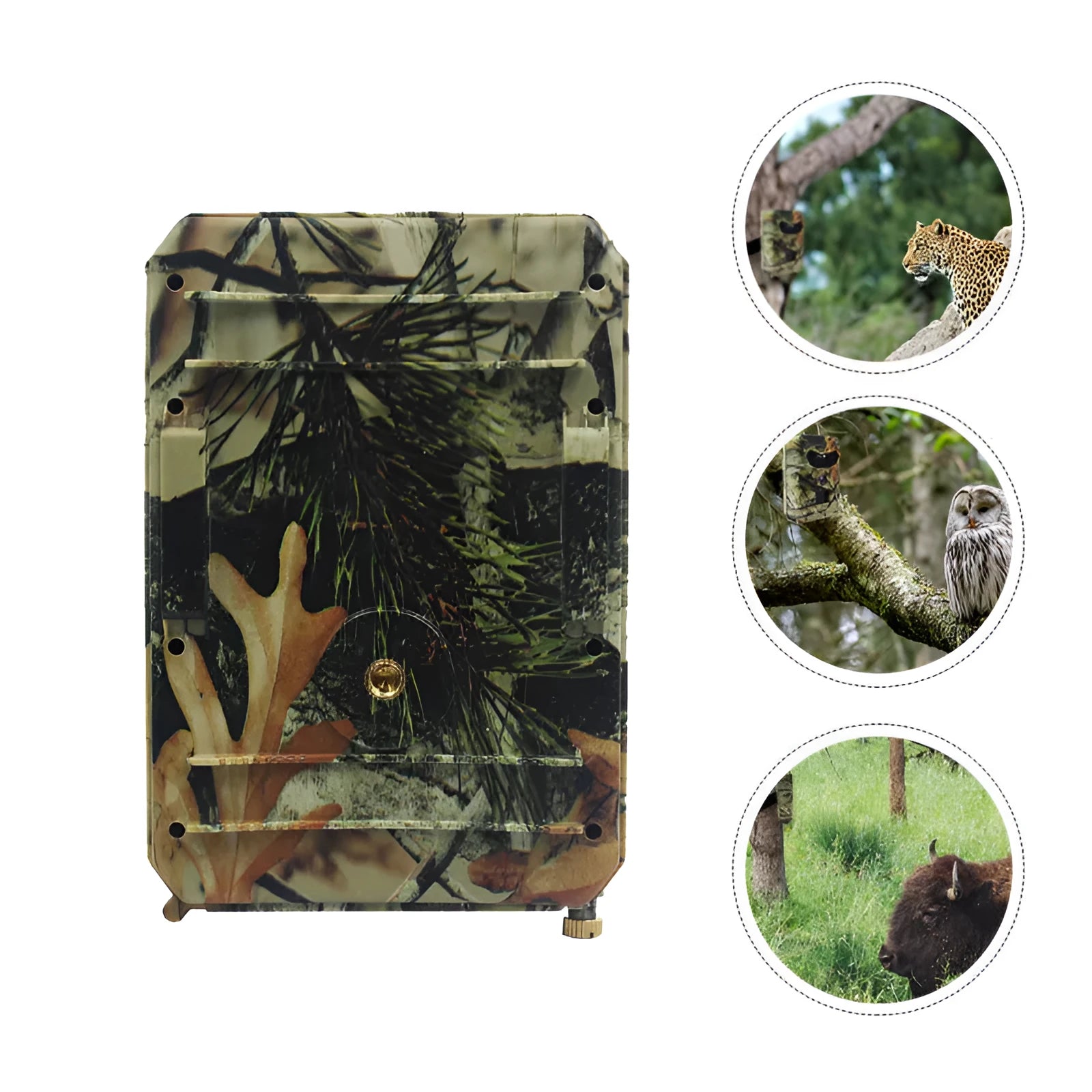 Yellow brown plastic hunting game camera with infrared LEDs and lens for outdoor wildlife monitoring