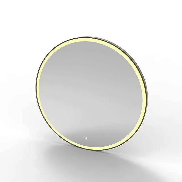Round black aluminum frame smart bathroom mirror with integrated LED lighting on a wall.