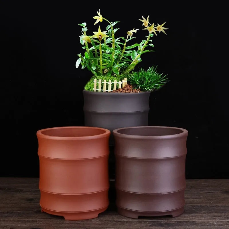 Fine Zisha large diameter bamboo joint flowerpot in classical purple sand with 19.9cm caliber and 22cm height