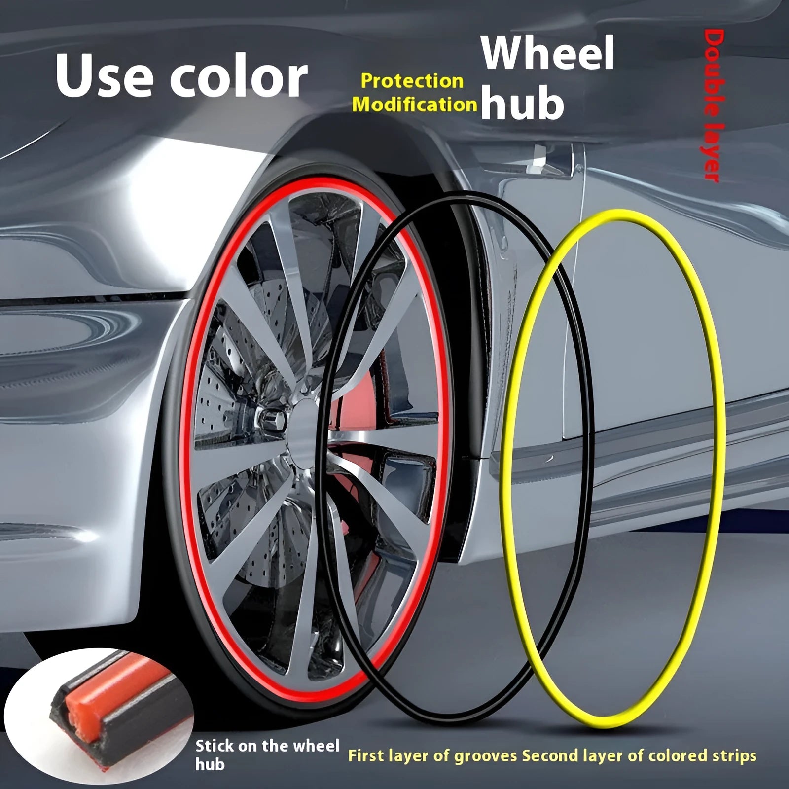PVC car wheel hub decorative strip protective ring in black fitted on a car rim