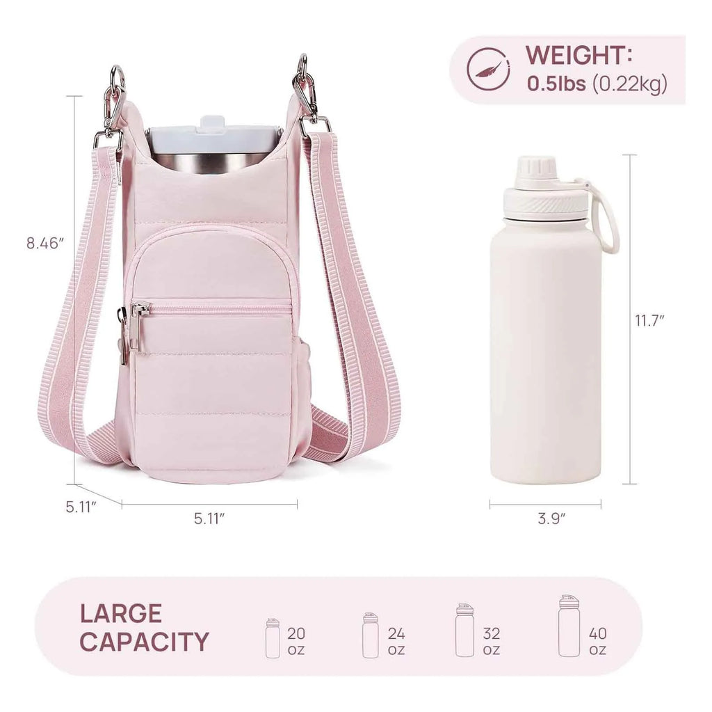 Cloth water bottle holder bag for bicycles in beige, black, and pink colour options.