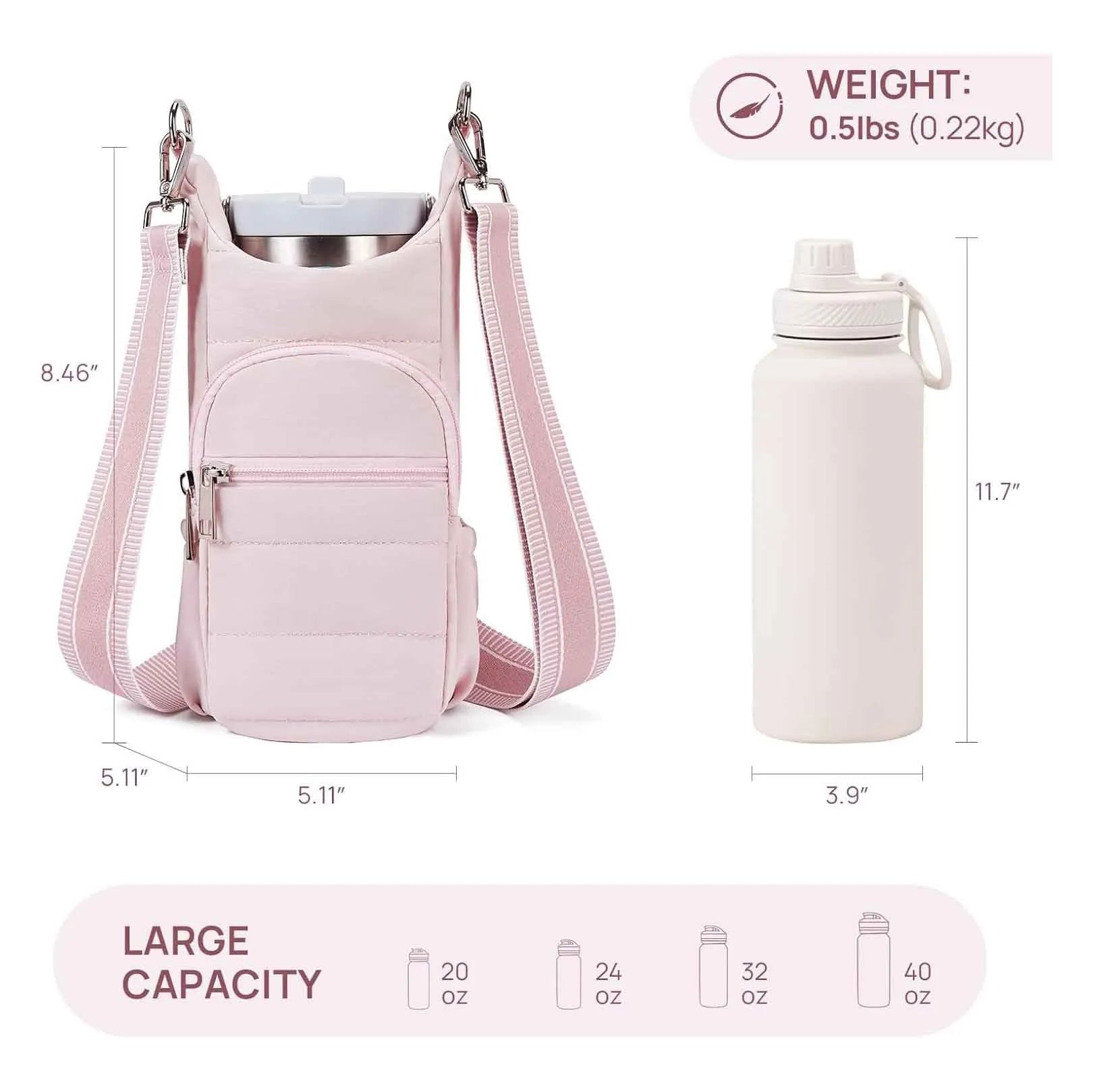 Cloth water bottle holder bag for bicycles in beige, black, and pink colour options.