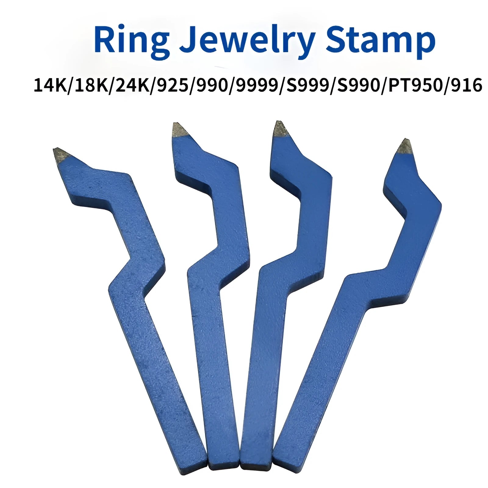 Curved character alphanumeric steel stamping tool for jewellery on a gold background.