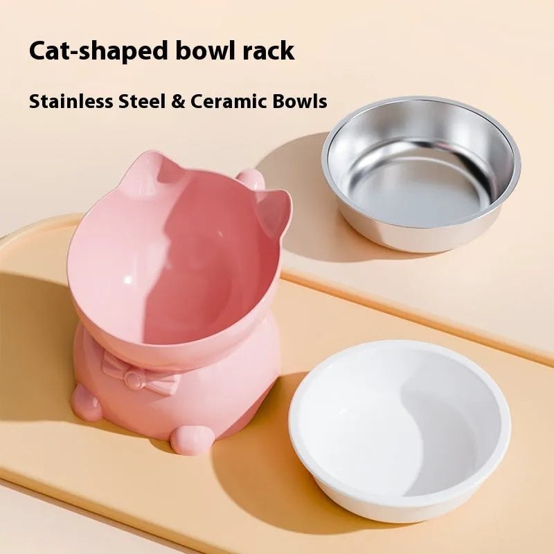 Stainless steel cat bowl with a 15-degree tilt, shown in blue, on a wooden floor.
