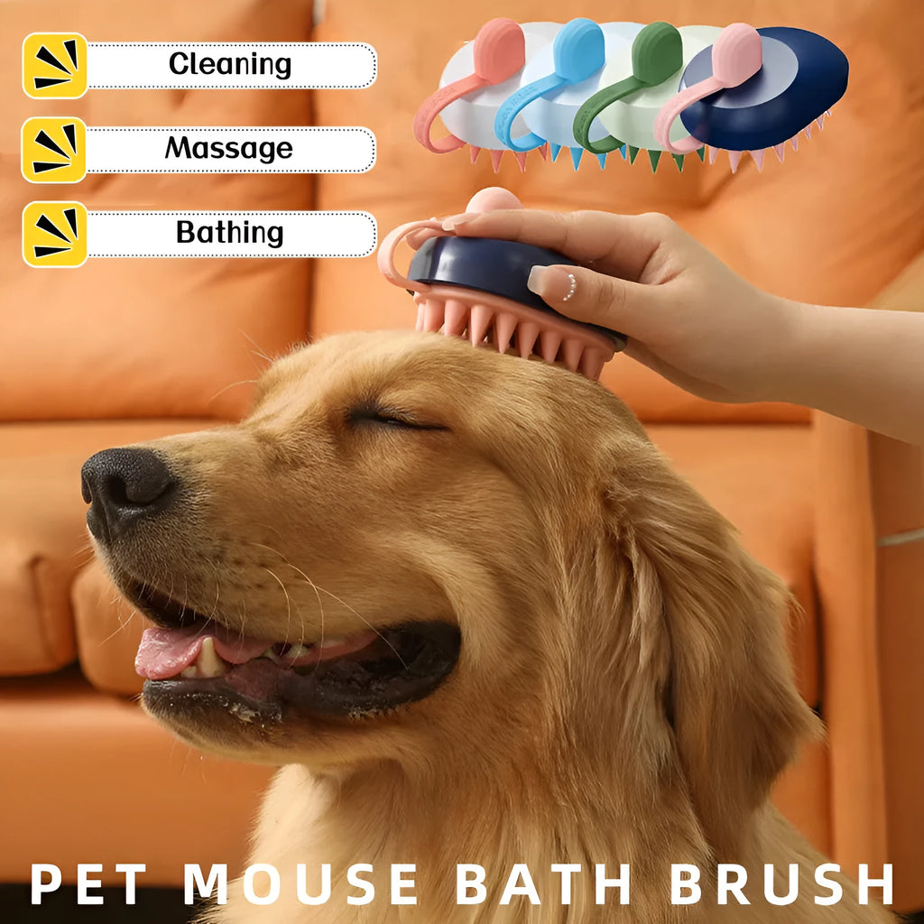 Handheld pet grooming brush for dogs with soft silicone bristles in four colour options