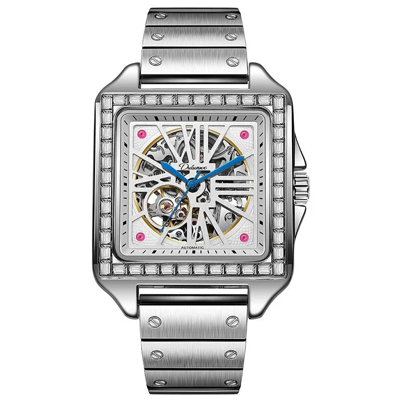 Men's square automatic watch with diamond-studded case on a black leather strap.
