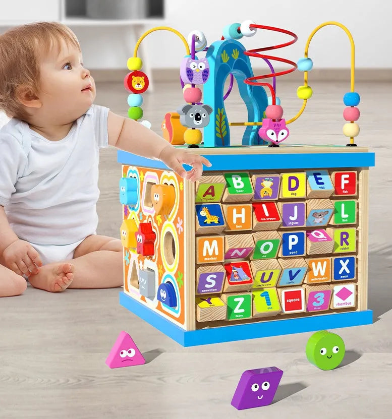 Blue wooden bead treasure box activity centre for toddlers with multi-functional play scenes