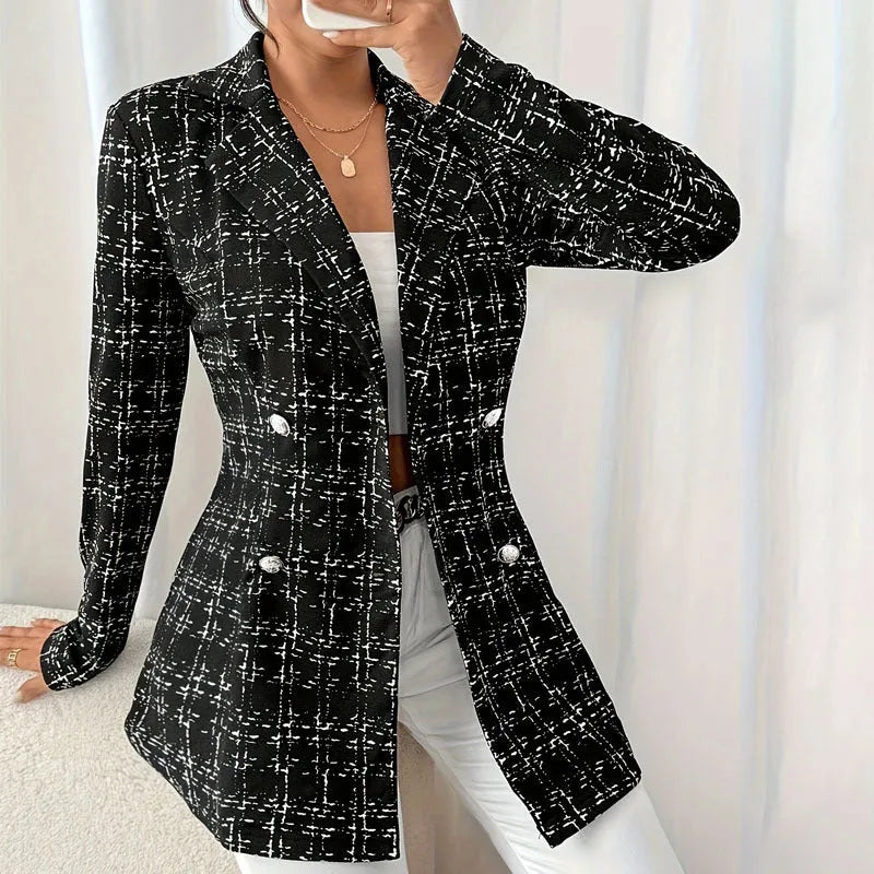 Women's slim fit plaid coat in polyester fibre, medium length 65cm, black colour