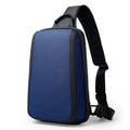 Blue Oxford cloth men's chest bag with double shoulder straps on a grey background.