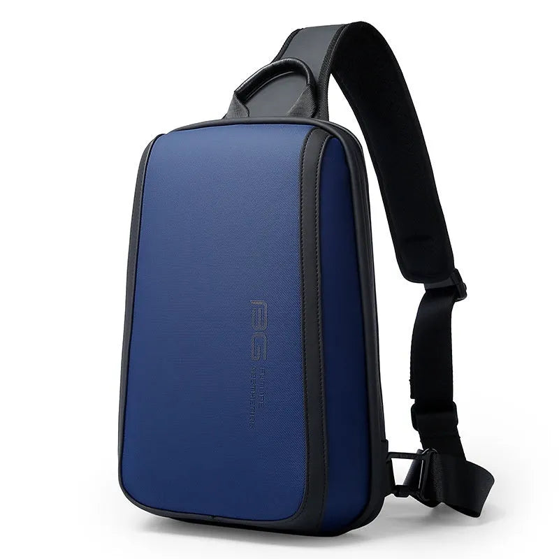 Blue Oxford cloth men's chest bag with double shoulder straps on a grey background.