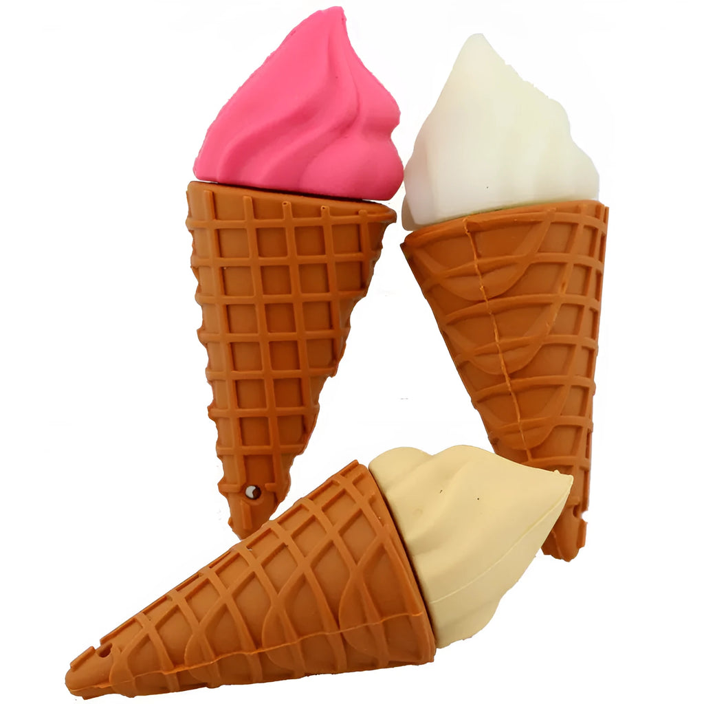 Miniature pink ice cream cone USB flash drive on a white background
