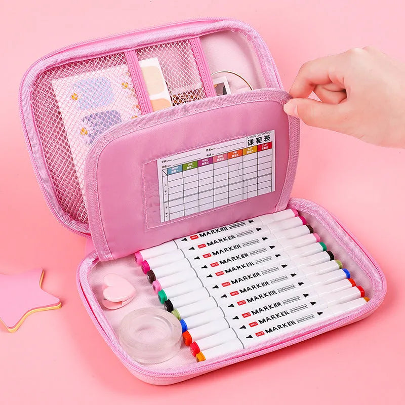 Square canvas pencil case with cartoon print, featuring a zip and large storage compartment