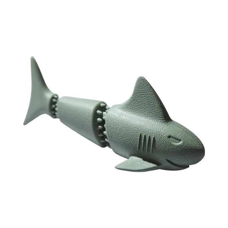 Blue rubber shark-shaped dog toy for chew play and mess-free feeding
