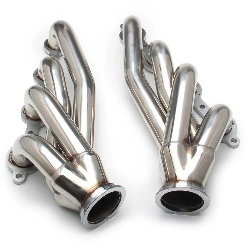 Silver 304 stainless steel modified exhaust manifold for Chevrolet LS1 LS2 LS3 LS6 engines.
