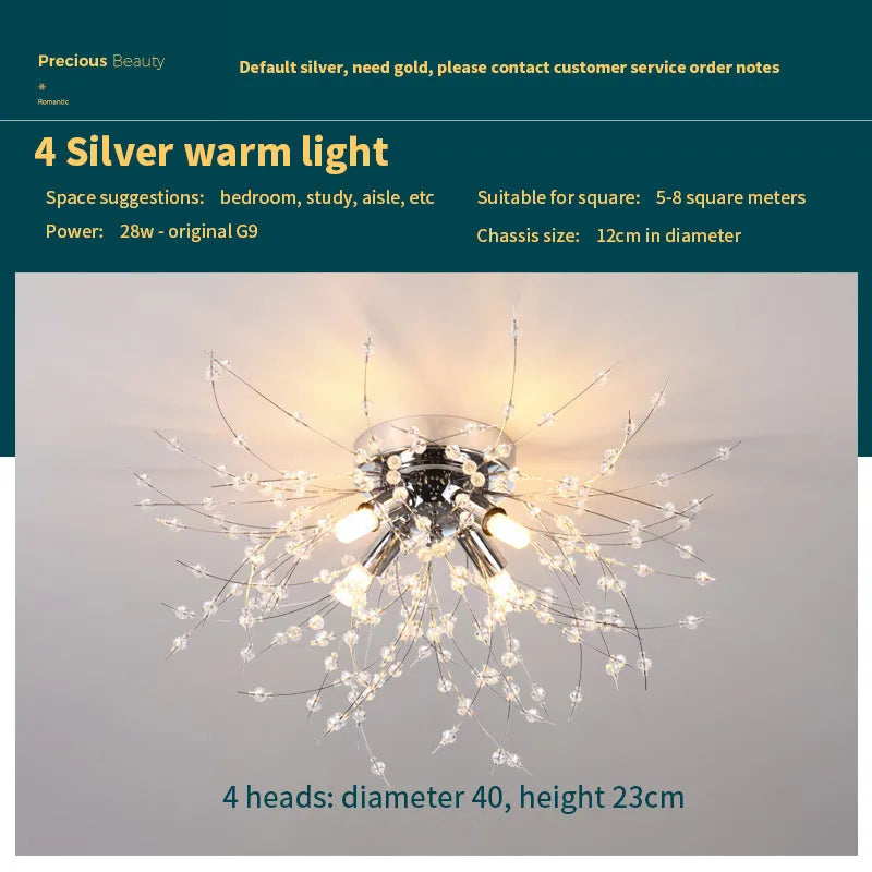 Dandelion pattern crystal ceiling lamp with wrought iron frame and chrome finish