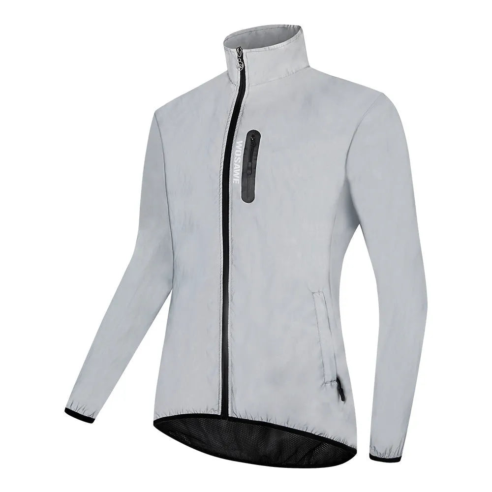 Silver waterproof polyester long sleeved windproof jacket for outdoor activities.