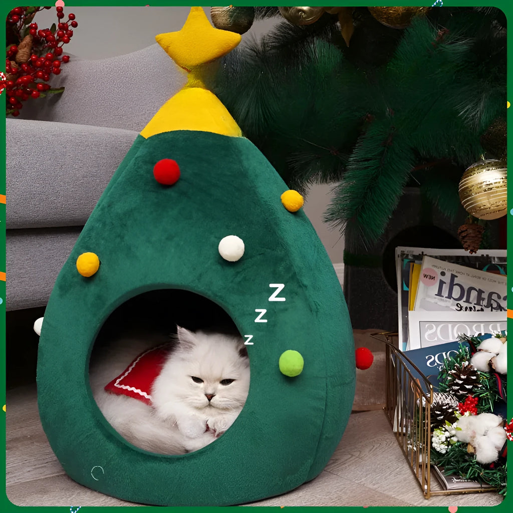 Red Christmas plush cave pet bed for cats and dogs with a washable cover in three sizes.