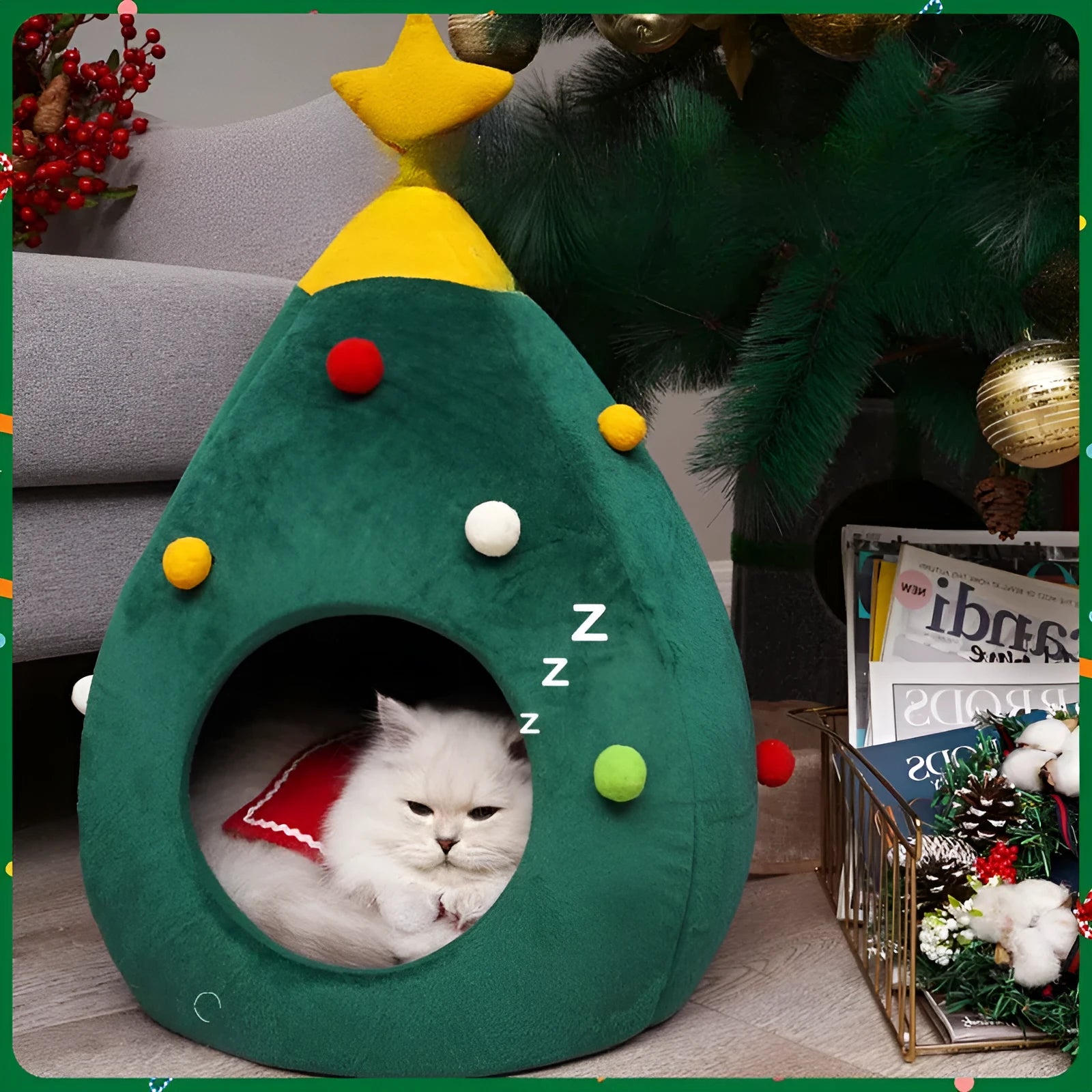 Red Christmas plush cave pet bed for cats and dogs with a washable cover in three sizes.