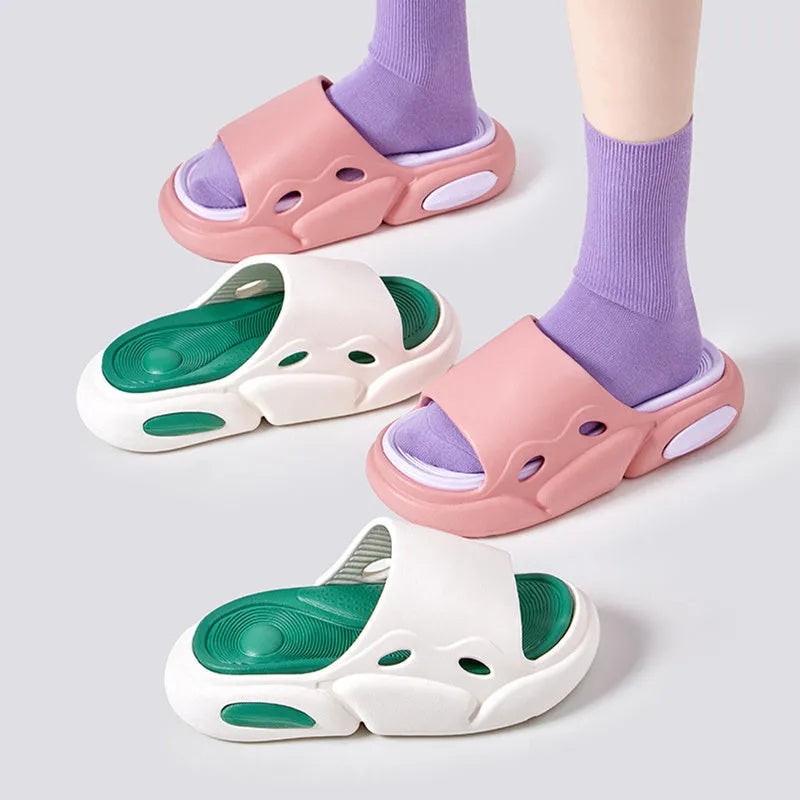 EVA slippers with leather lining in pink purple colour combination showing round toe shape