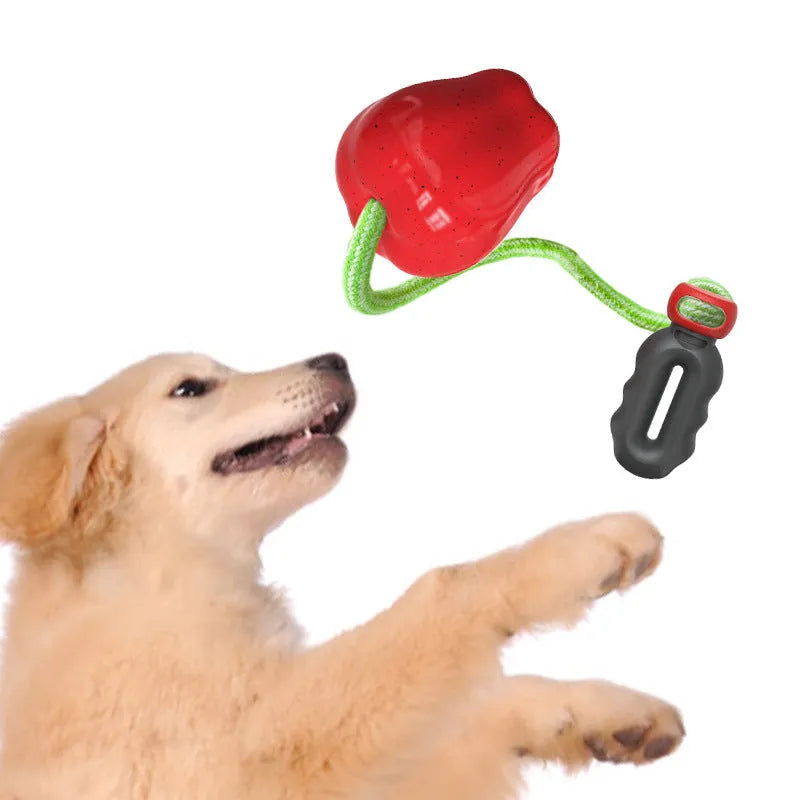 Green and red plastic dog dental ball toys with textured surfaces and hollow interactive feeder design