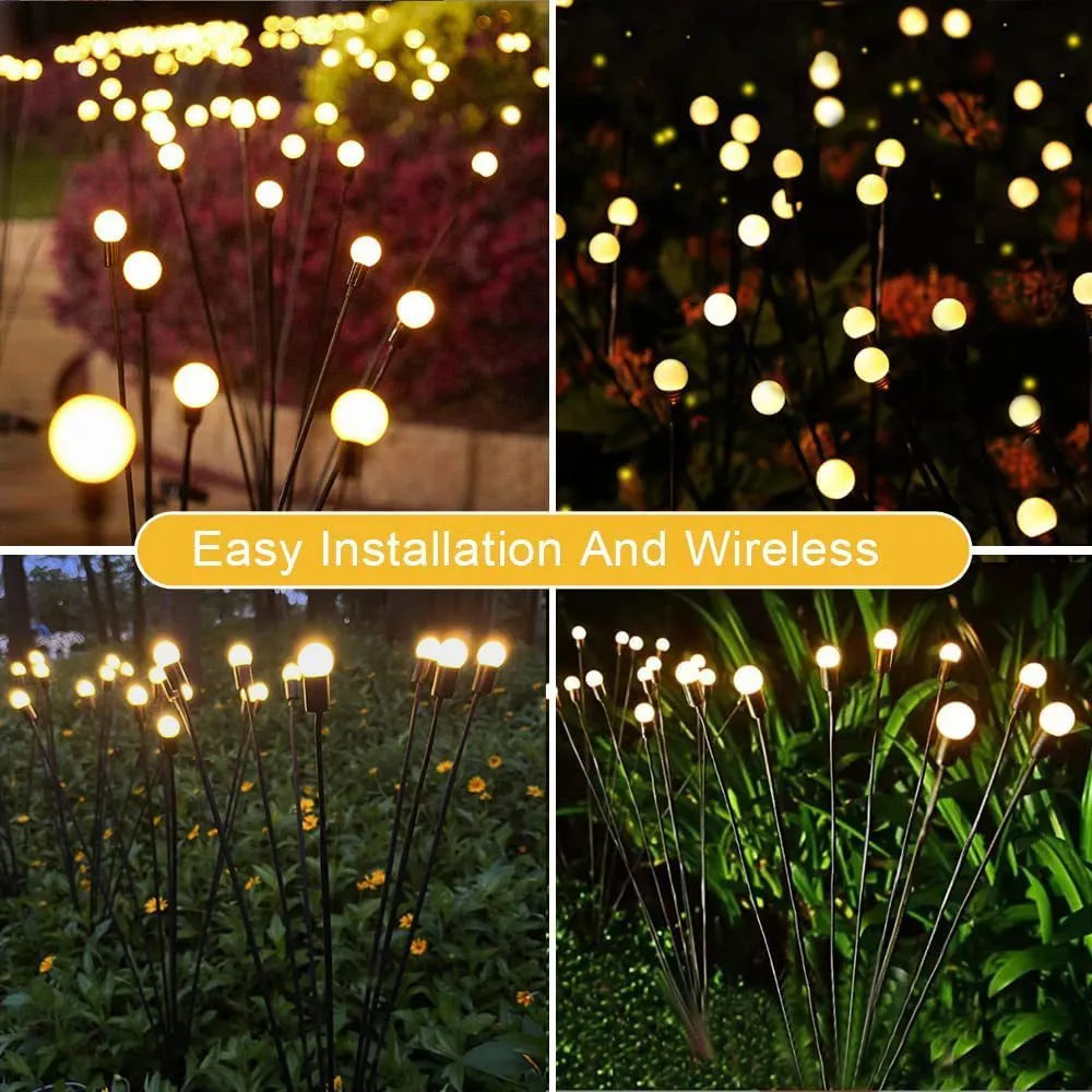 Solar-powered LED garden stake light with automatic sensor, shown pushed into soil beside plants.